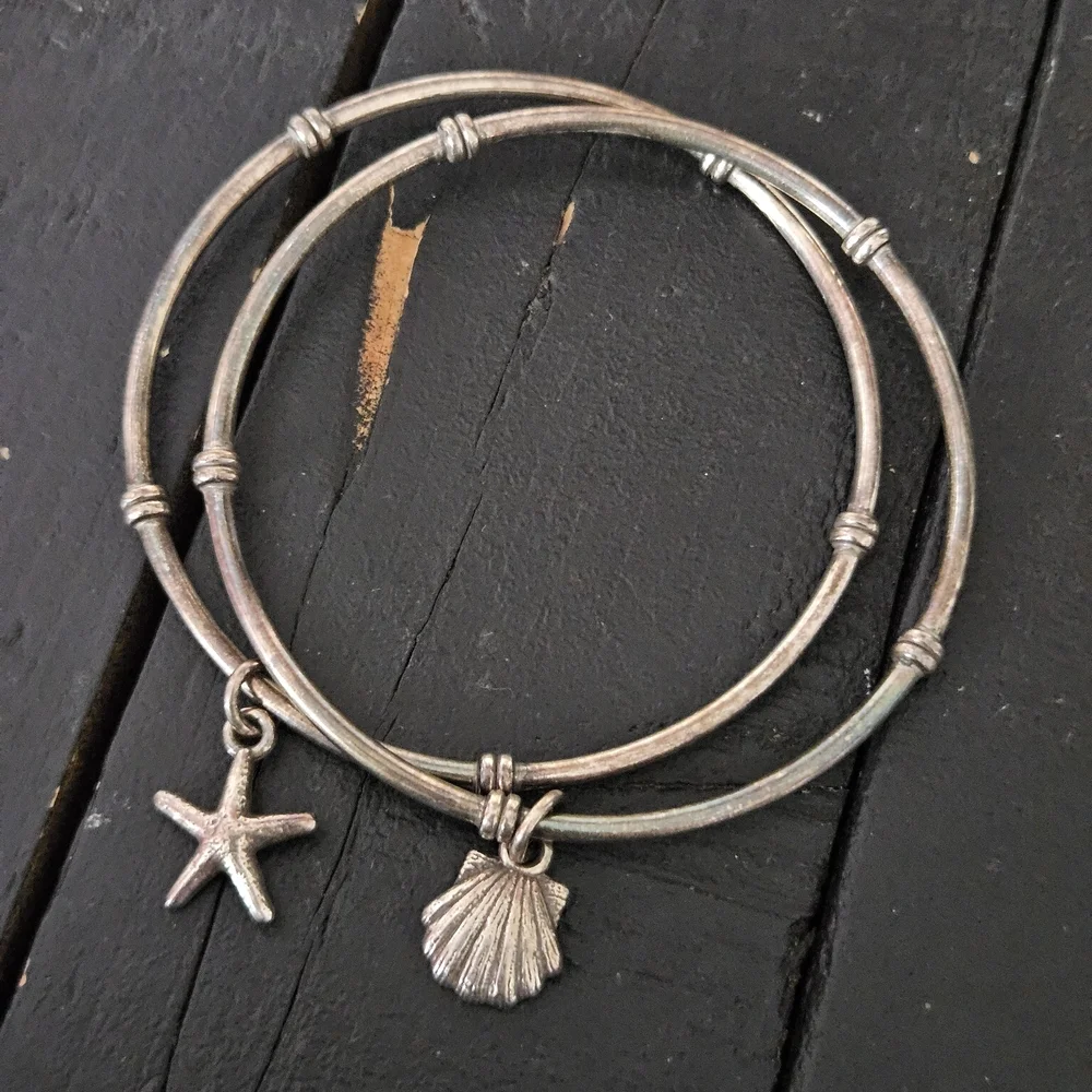 Silver Beach Sea Shell Starfish Charm Bracelets Set of 2